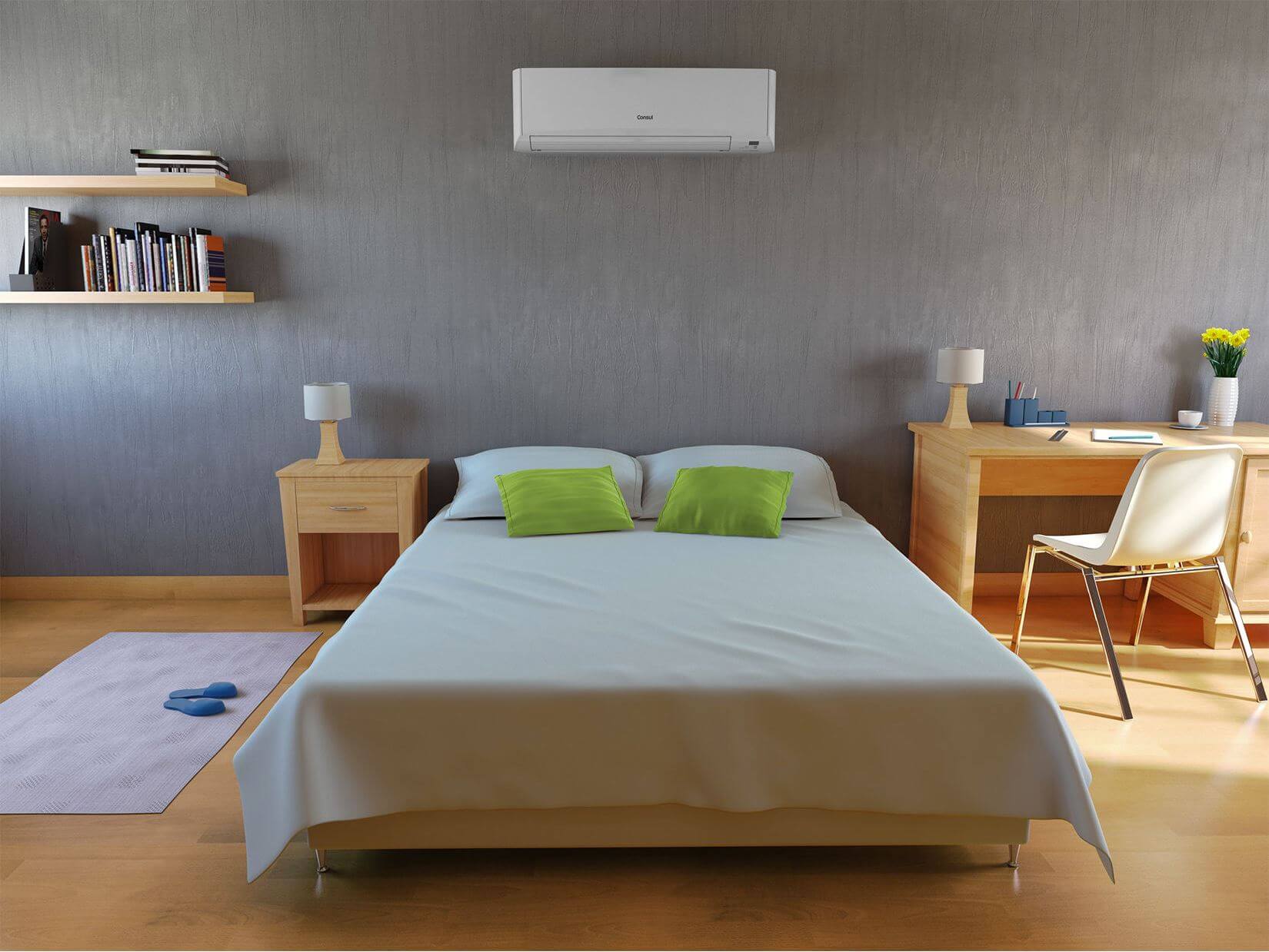quarto decorado simples com ar-condicionado
