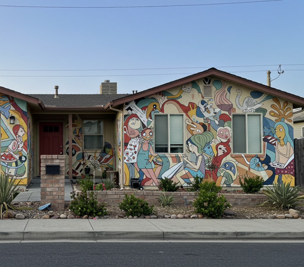 Frente de casa com arte mural