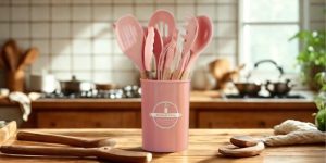 kit de utensílios de cozinha em silicone com cabos de madeira