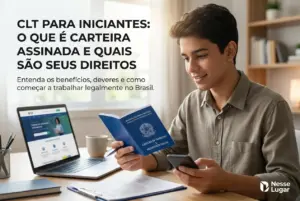 Jovem com smartphone e carteira de trabalho em ambiente de estudo