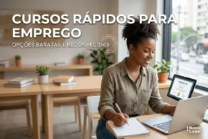 Mulher escrevendo notas com certificado na tela do laptop