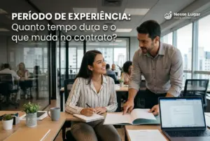 Homem e mulher discutindo período de experiência em escritório