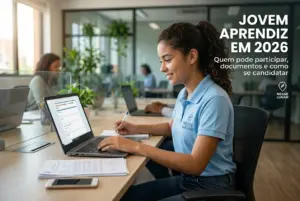 Mulher jovem estudando programa Jovem Aprendiz 2026