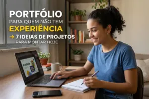 mulher jovem trabalhando em portfólio no laptop com anotações