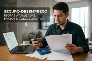 Jovem analisando seguro-desemprego no laptop em 2026