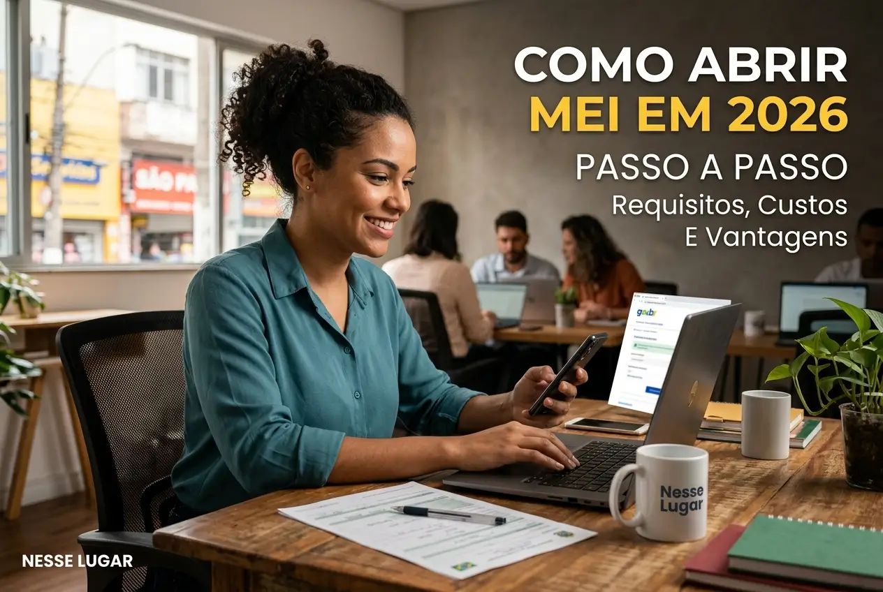Mulher sorrindo em escritório moderno, abrindo MEI 2026